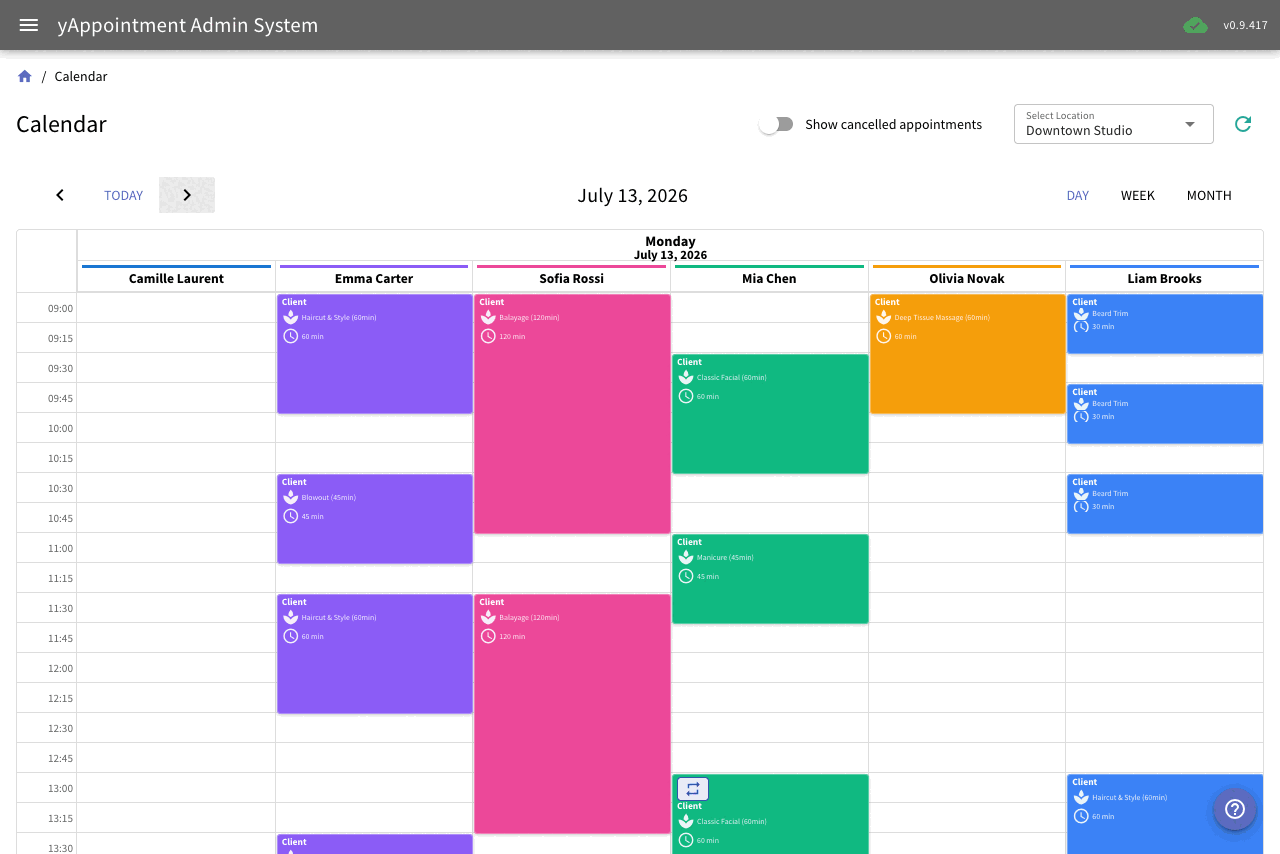 yAppointment calendar with the team's daily appointments