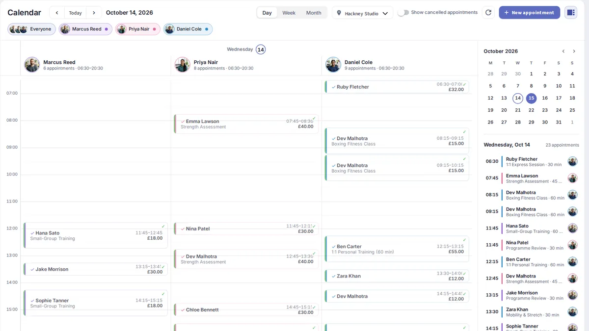 Personal trainer booking calendar in yAppointment