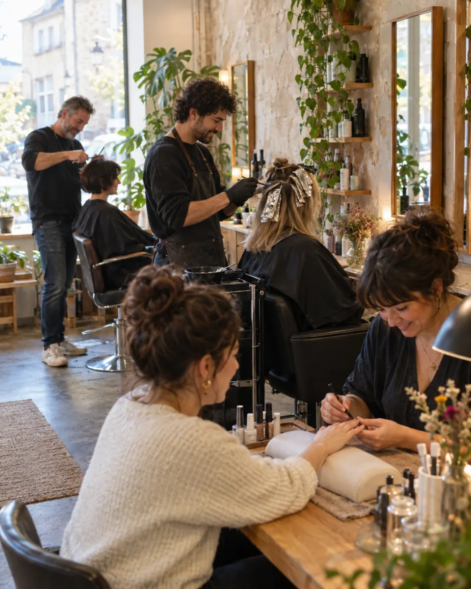 Three salon team members, each with their own client, in a small salon lit by daylight