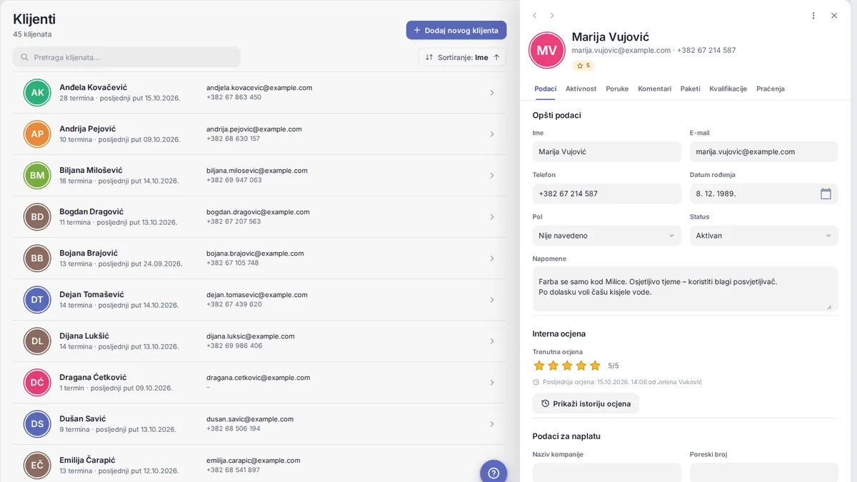 yAppointment profil klijenta s kompletnom istorijom termina i bilješkama