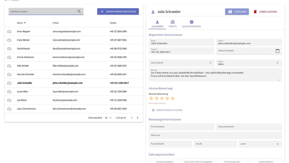 yAppointment Kundenprofil mit vollständigem Terminverlauf und Notizen