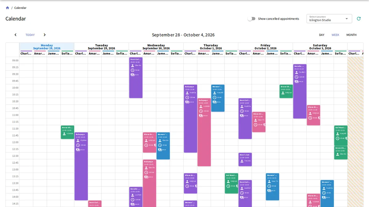 yAppointment weekly calendar view with color-coded appointments per staff member