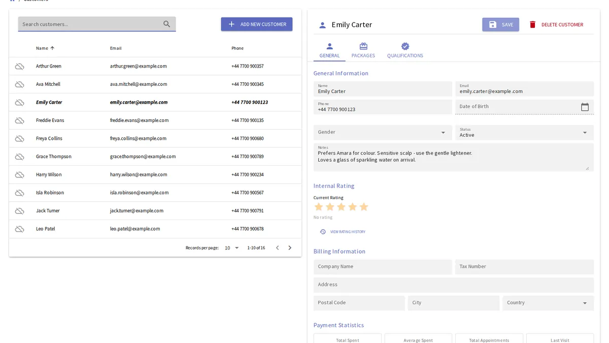 yAppointment customer profile showing full appointment history and notes
