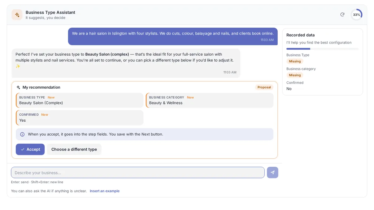 yAppointment Smart Setup Guide konverzačné rozhranie budujúce konfiguráciu podniku