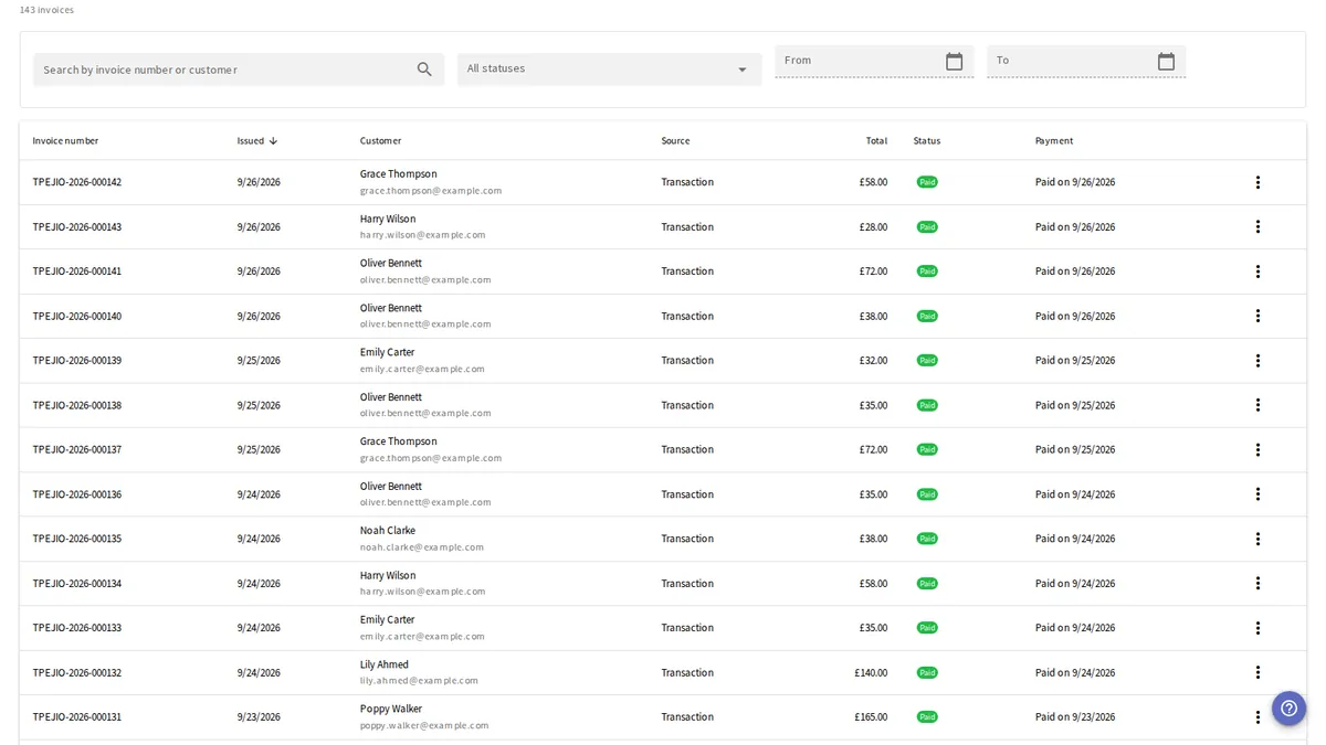 yAppointment invoicing system showing EU-compliant invoice generation