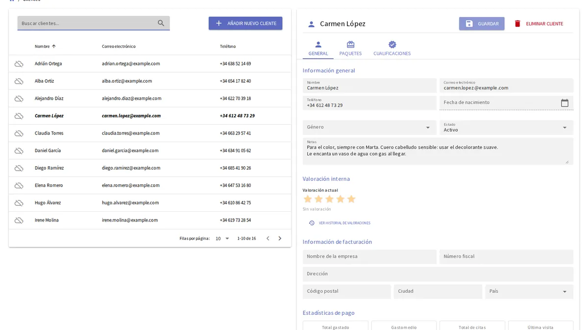 Perfil de cliente de yAppointment con historial completo de citas y notas