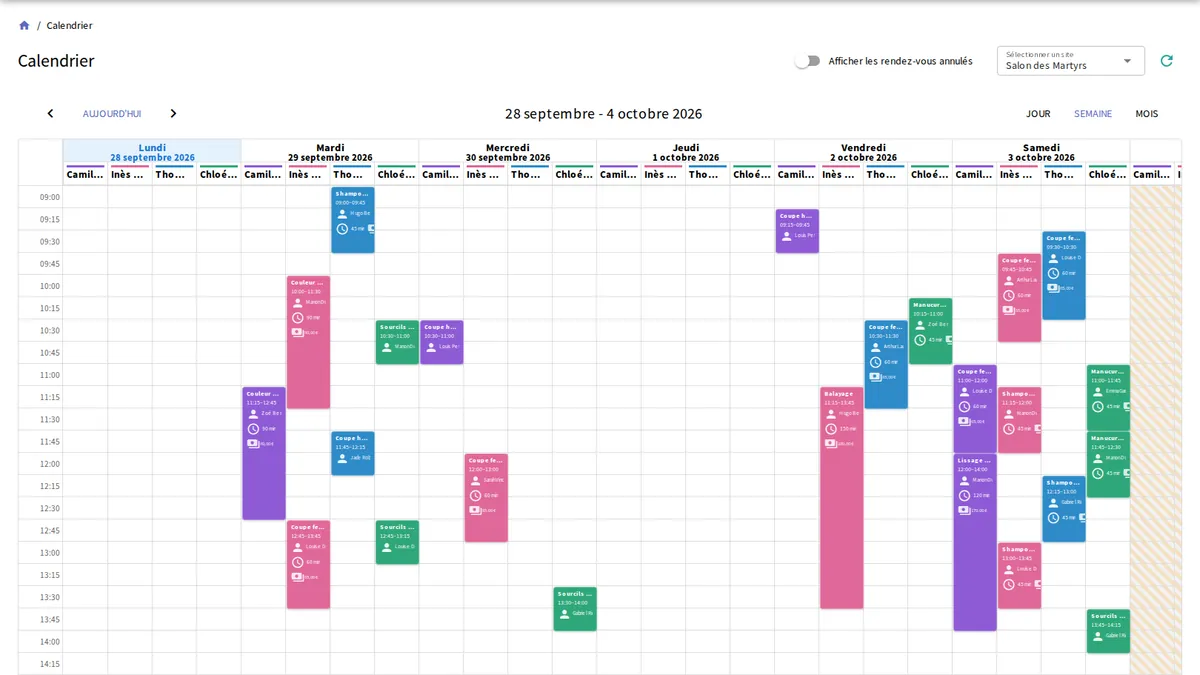 Vue hebdomadaire du calendrier yAppointment avec rendez-vous codés par couleur par collaborateur