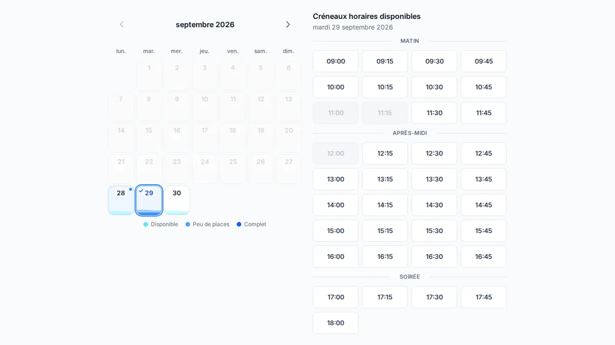 Interface de réservation en ligne côté client yAppointment avec sélection des services