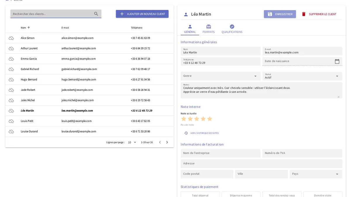 Profil client yAppointment avec historique complet des rendez-vous et notes