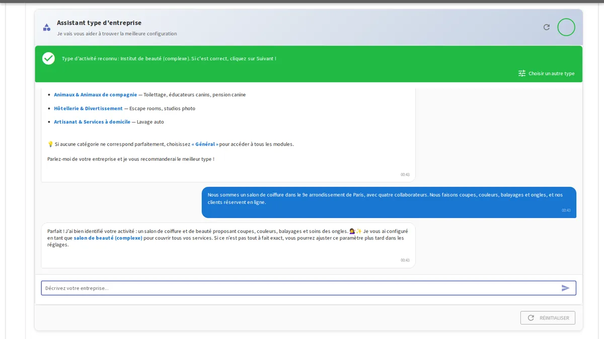Interface de conversation du Guide de configuration intelligent yAppointment construisant la configuration de l'entreprise