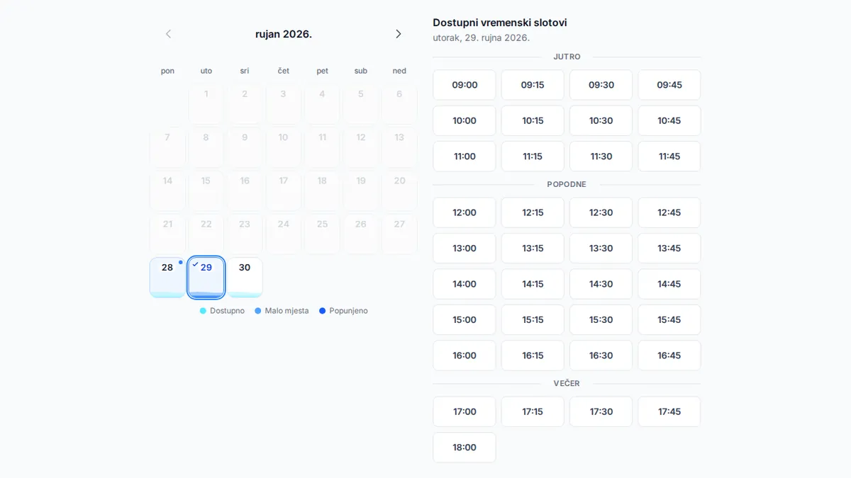 yAppointment online sučelje rezervacija za klijente s odabirom usluge