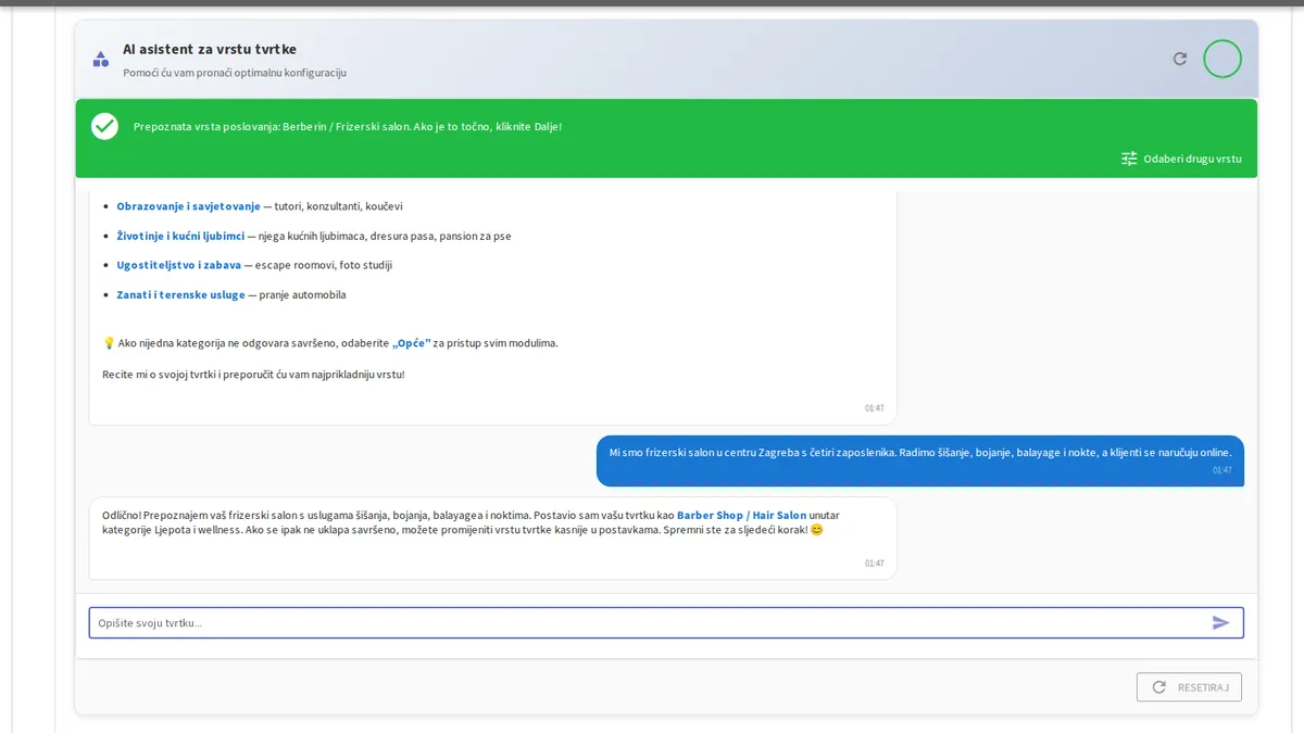 yAppointment Smart Setup Guide konverzacijsko sučelje koje gradi poslovnu konfiguraciju