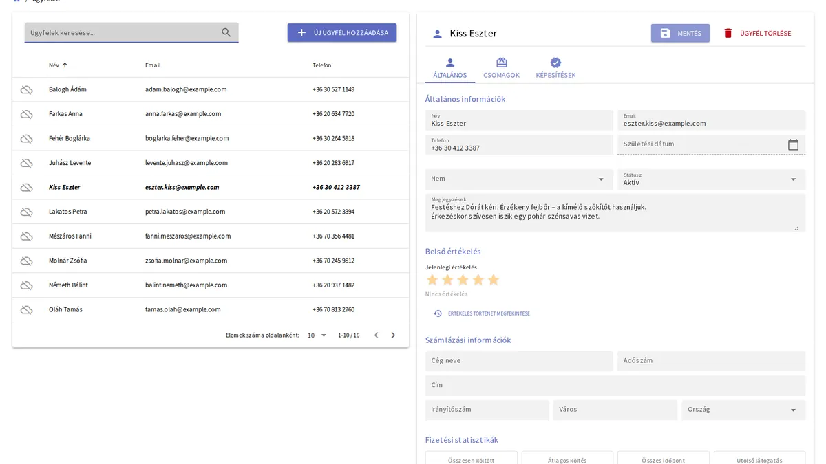 yAppointment ügyfél profil teljes foglalási előzményekkel és megjegyzésekkel