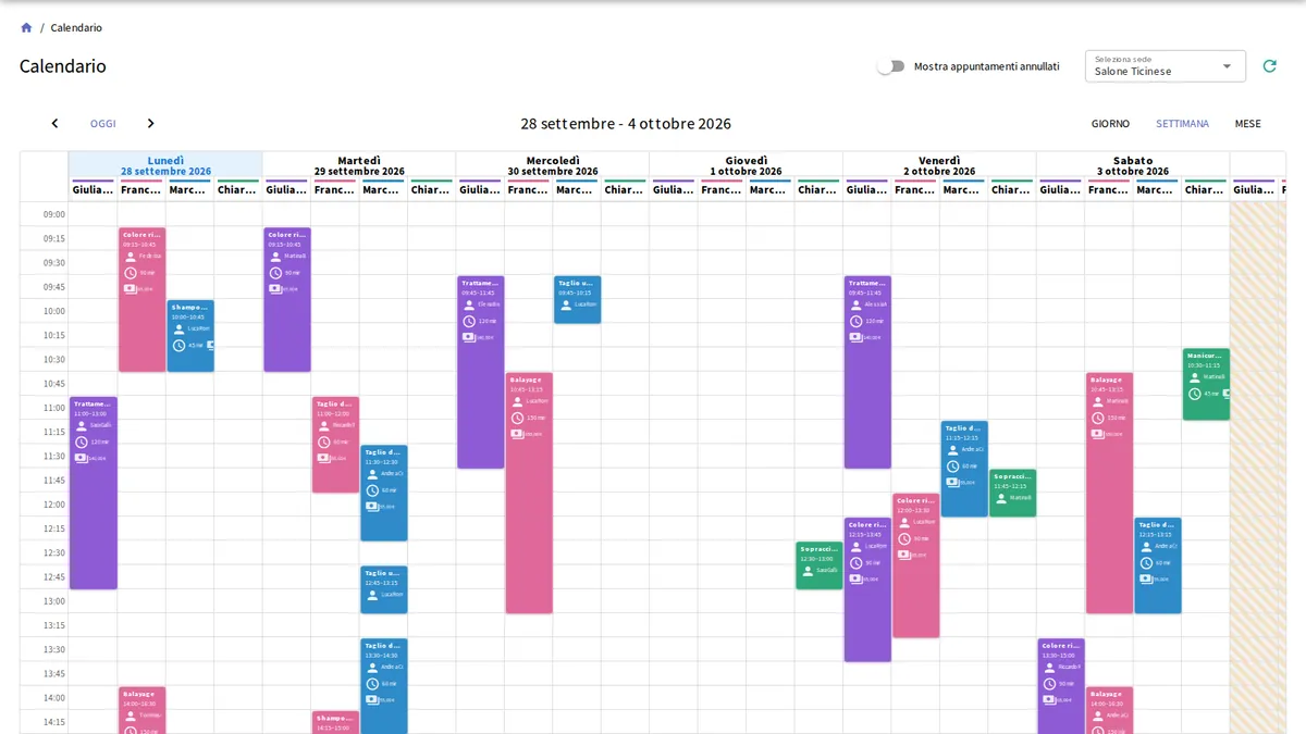 Vista settimanale del calendario di yAppointment con appuntamenti codificati per colore per membro dello staff