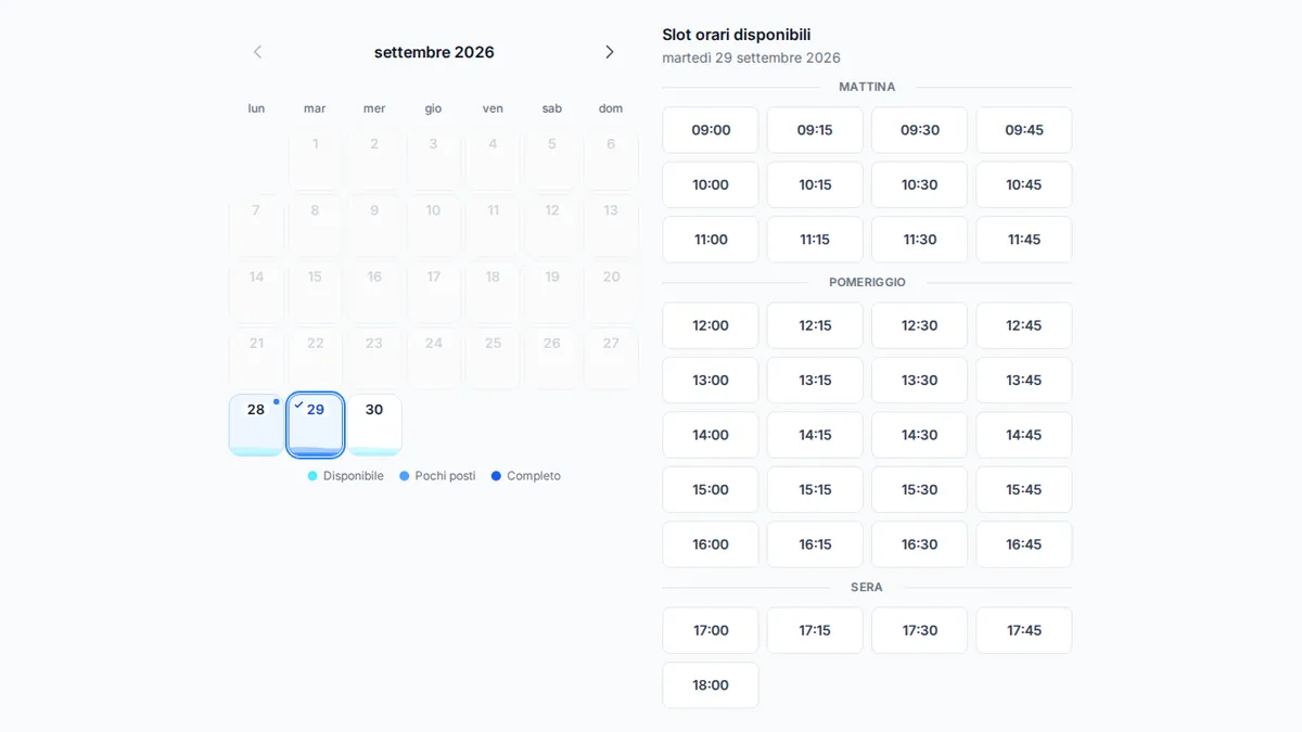 Interfaccia di prenotazione online lato cliente di yAppointment con selezione dei servizi