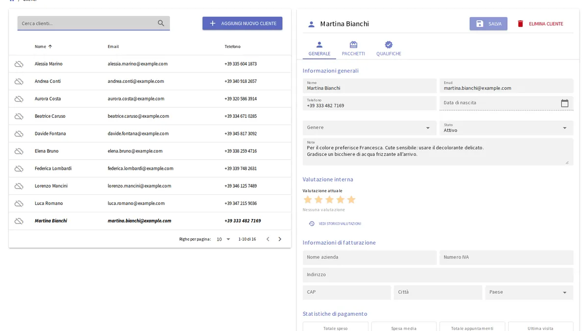 Profilo cliente di yAppointment con cronologia completa degli appuntamenti e note