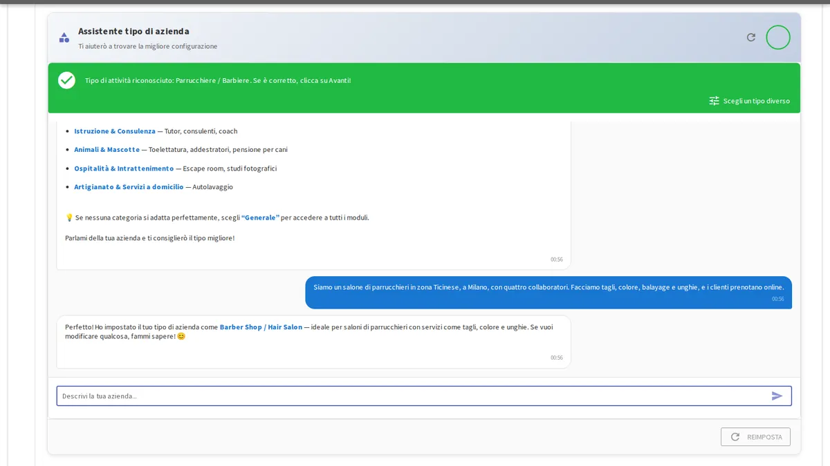 Interfaccia di conversazione della Guida di configurazione intelligente di yAppointment che costruisce la configurazione aziendale