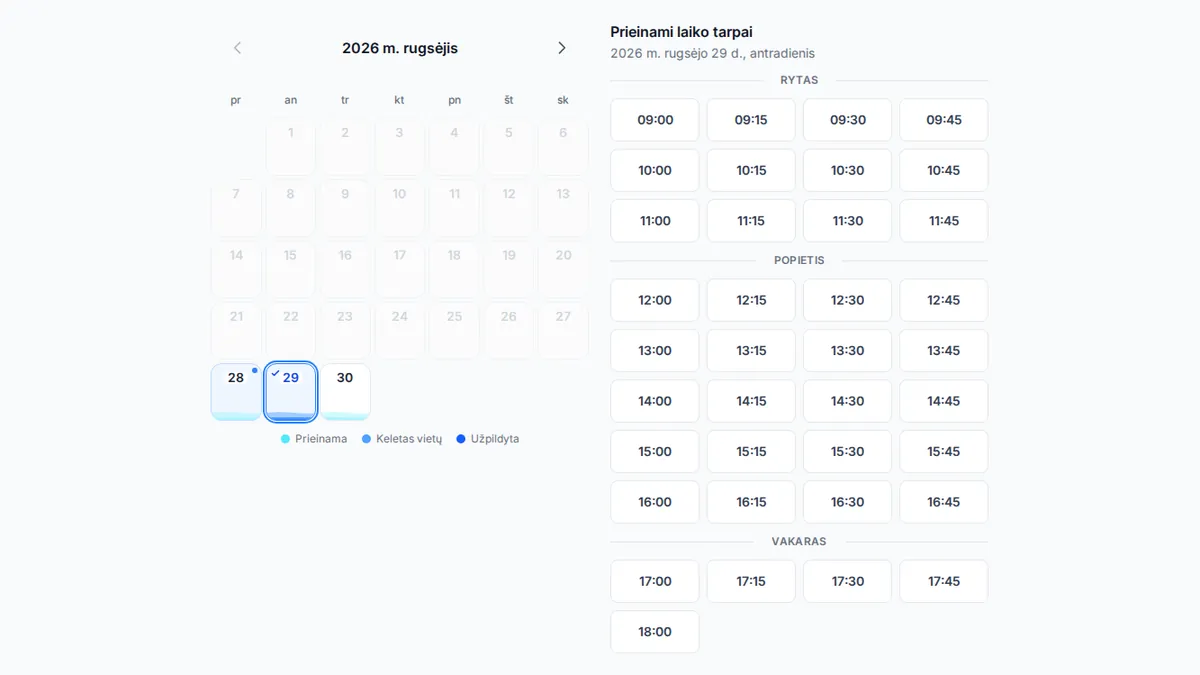 yAppointment klientui skirta internetinė rezervacijos sąsaja su paslaugų pasirinkimu