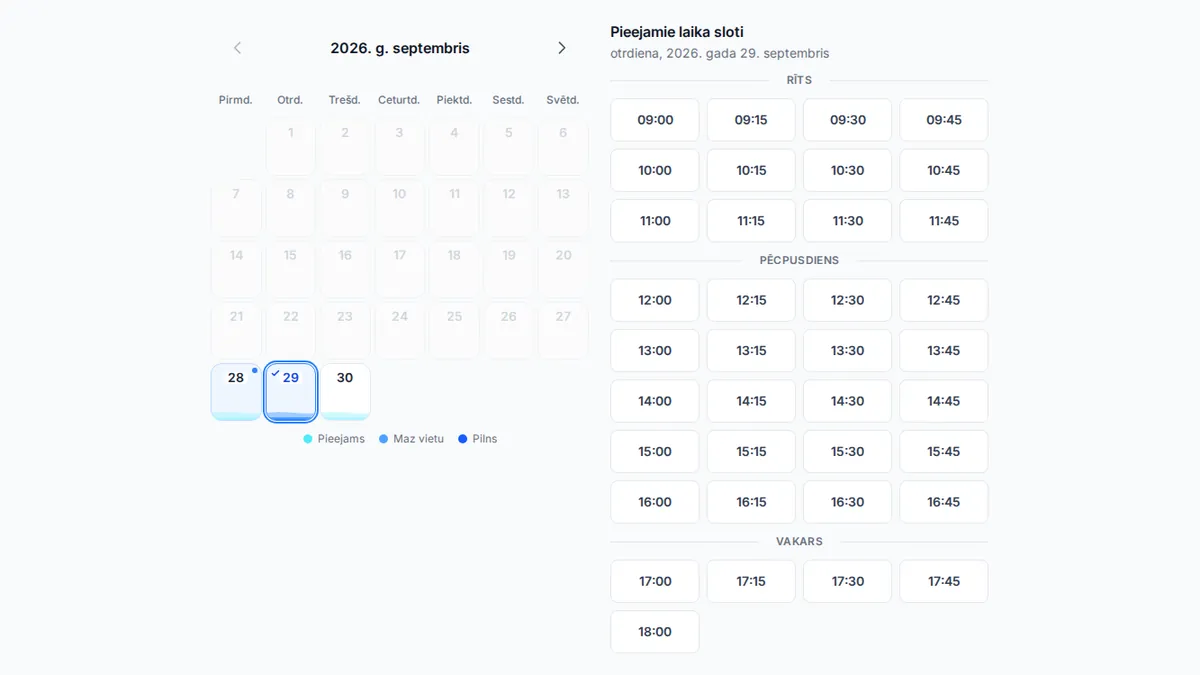 yAppointment klientiem pieejamā tiešsaistes rezervācijas saskarne ar pakalpojumu izvēli
