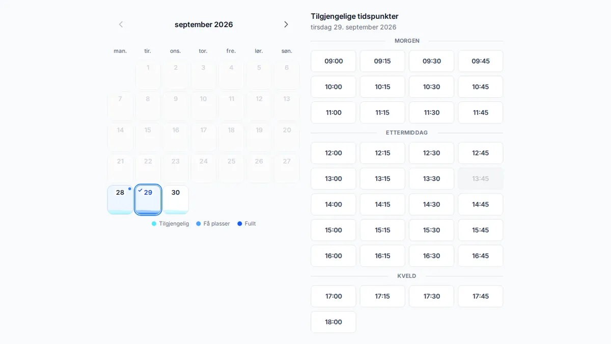 yAppointment kundevendt online bookinggrensesnitt med tjenesteutvalg