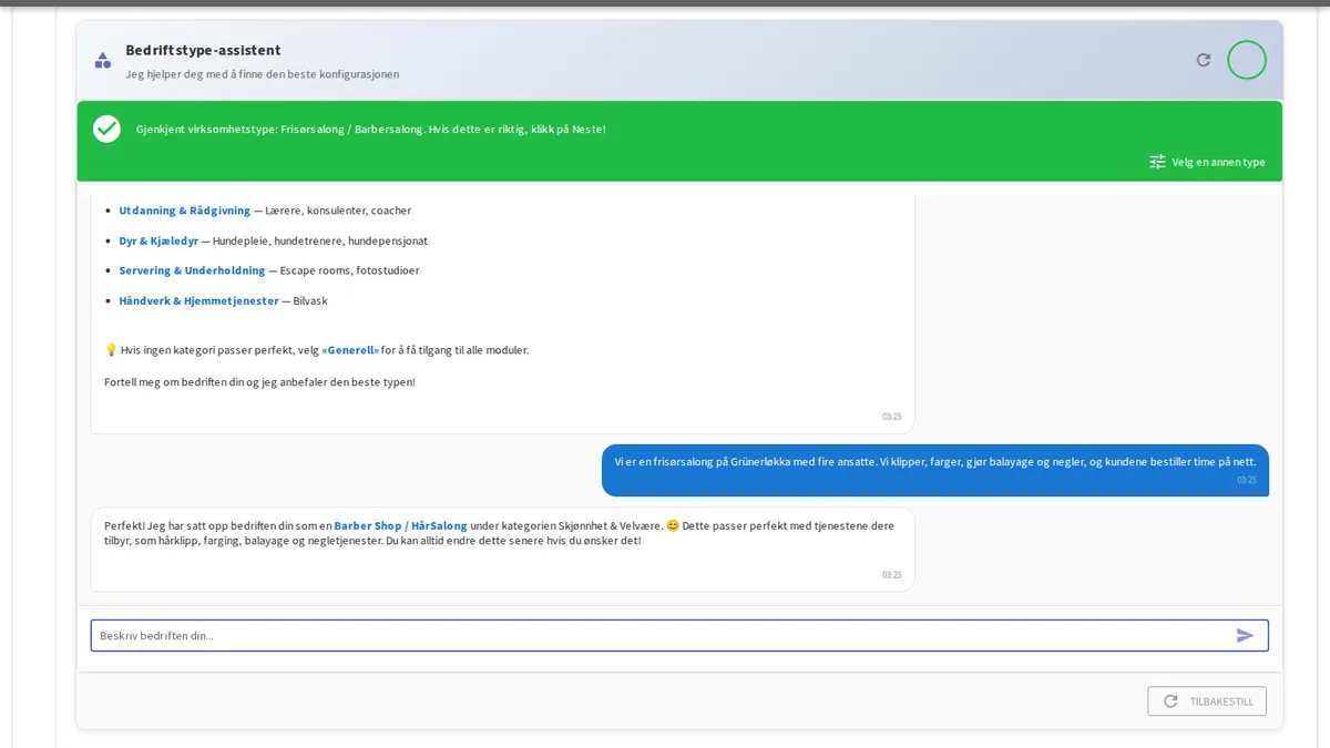 yAppointment Smart Setup Guide samtalegrensesnitt som bygger bedriftskonfigurasjon