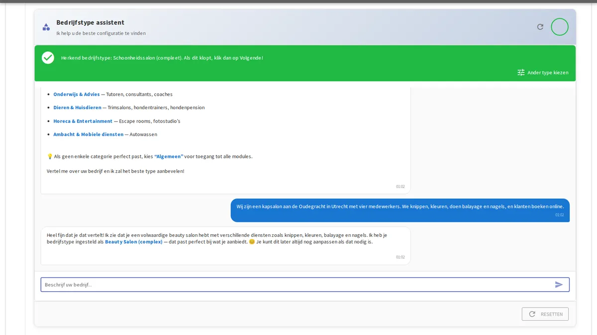 yAppointment Smart Setup Guide gespreksinterface voor bedrijfsconfiguratie