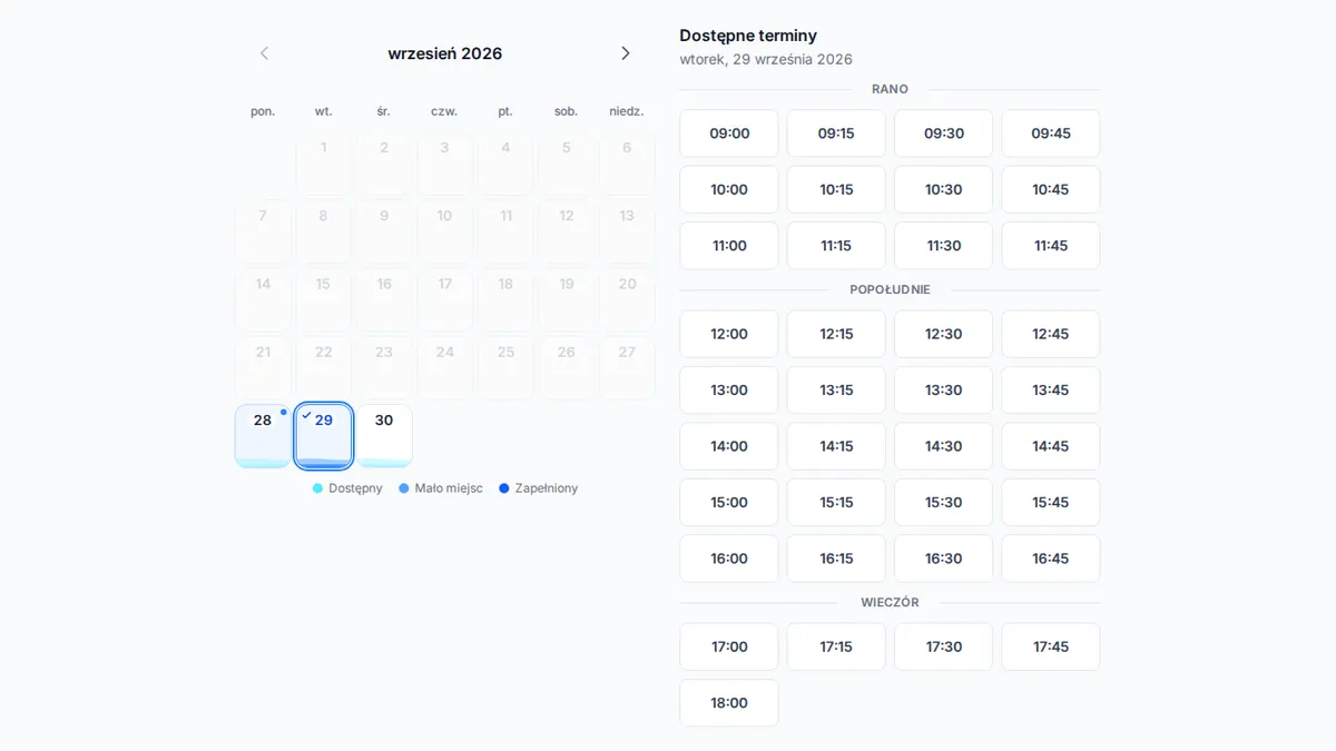 yAppointment interfejs rezerwacji online dla klientów z wyborem usług