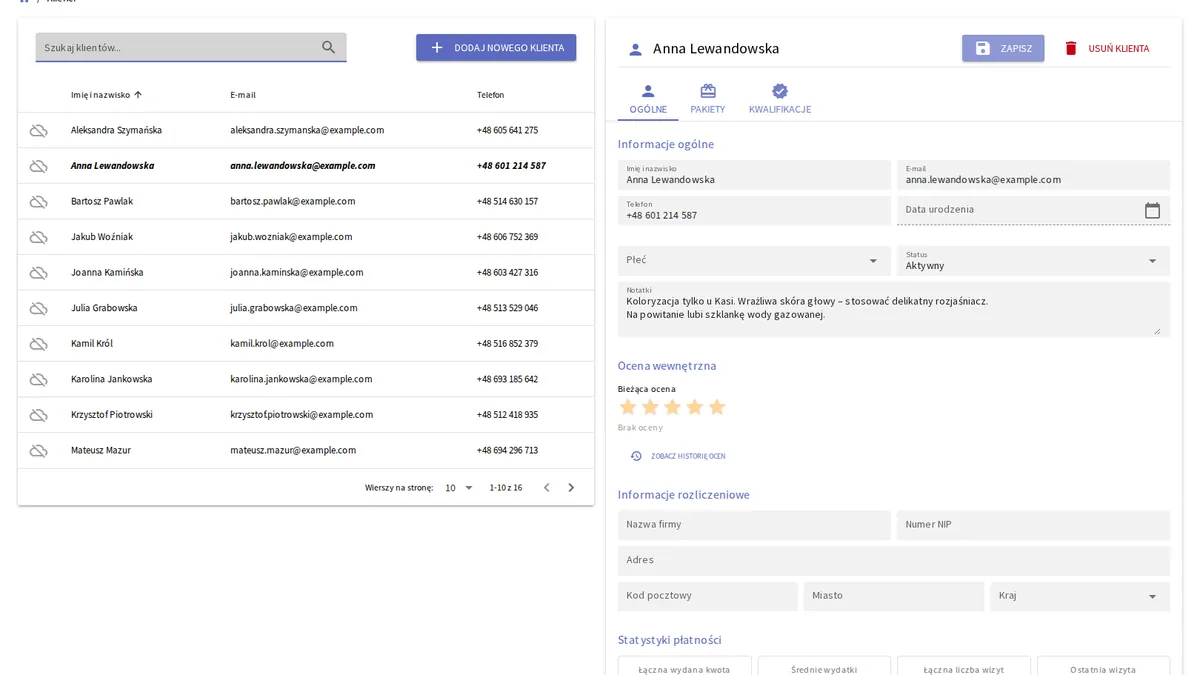 yAppointment profil klienta pokazujący pełną historię wizyt i notatki