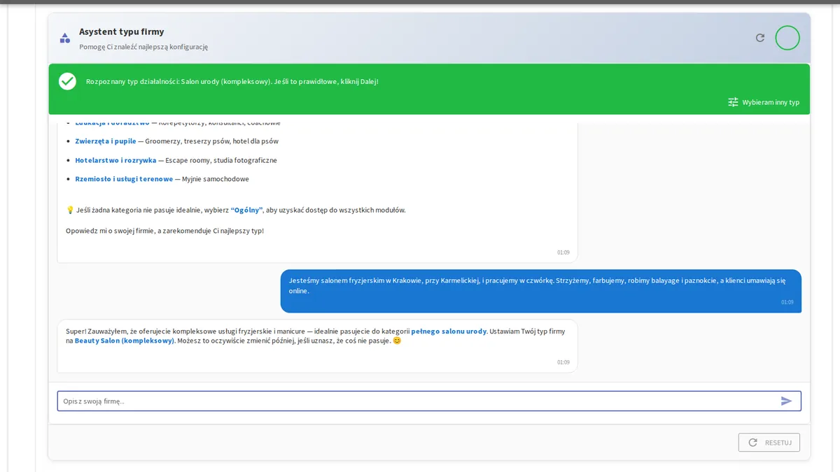 yAppointment Smart Setup Guide interfejs konwersacyjny budujący konfigurację biznesu