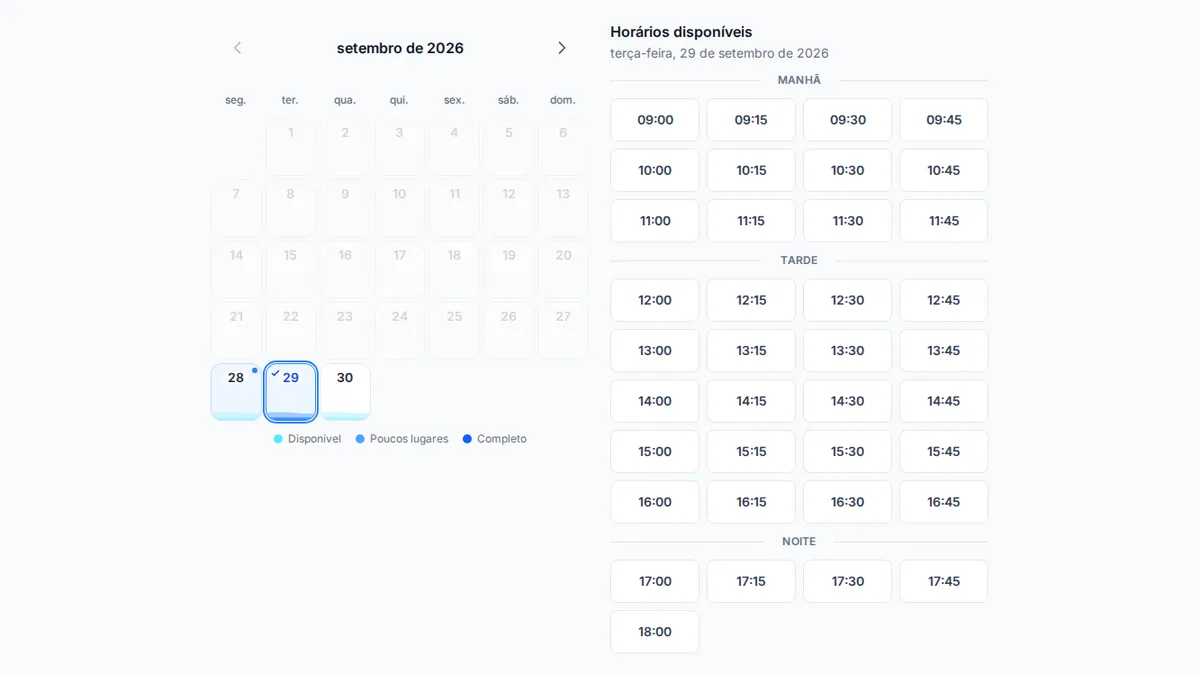 Interface de marcações online orientada ao cliente do yAppointment com seleção de serviços