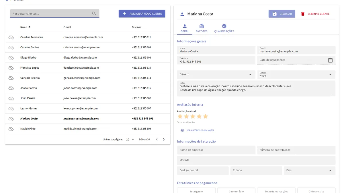 Perfil do cliente do yAppointment com historial completo de consultas e notas