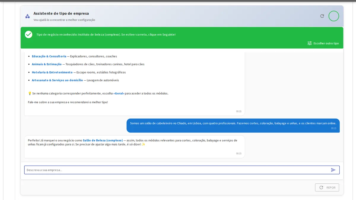 Interface de conversação do Guia de configuração inteligente do yAppointment a construir a configuração do negócio
