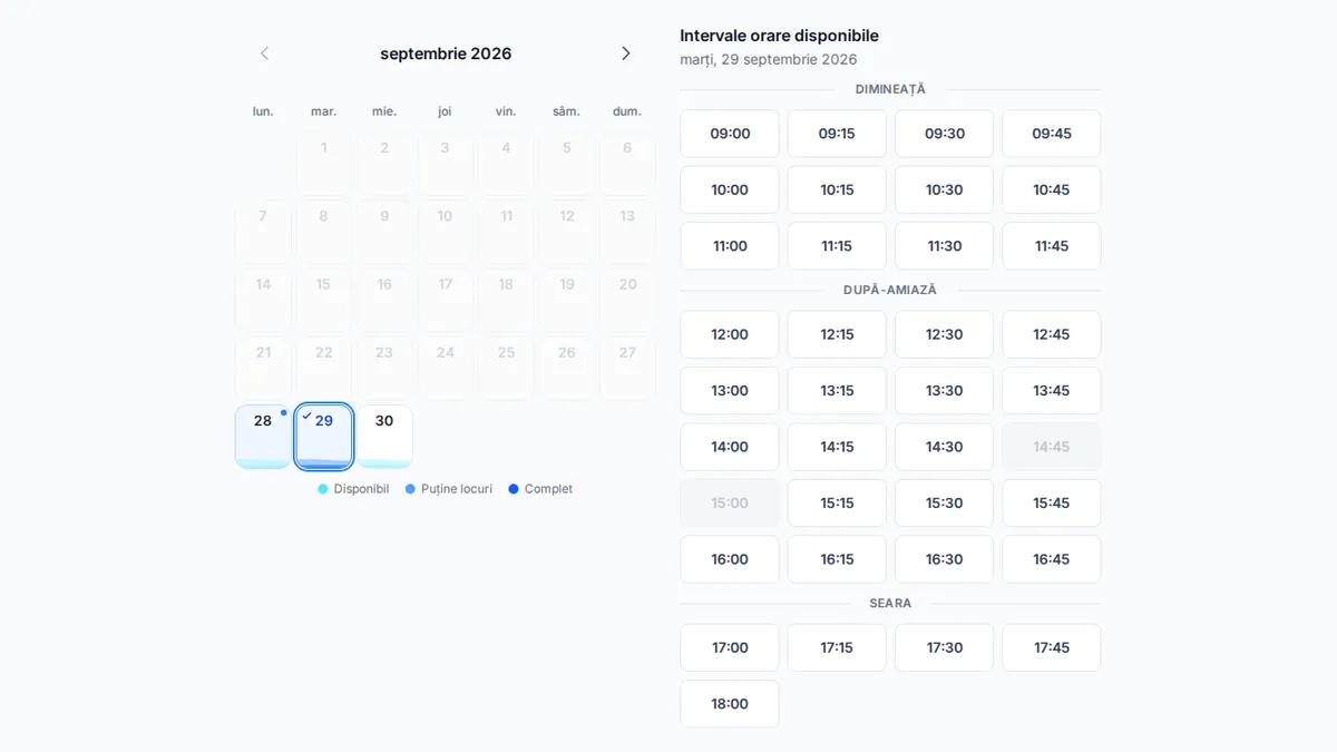Interfața de rezervare online yAppointment orientată spre client cu selecția serviciilor