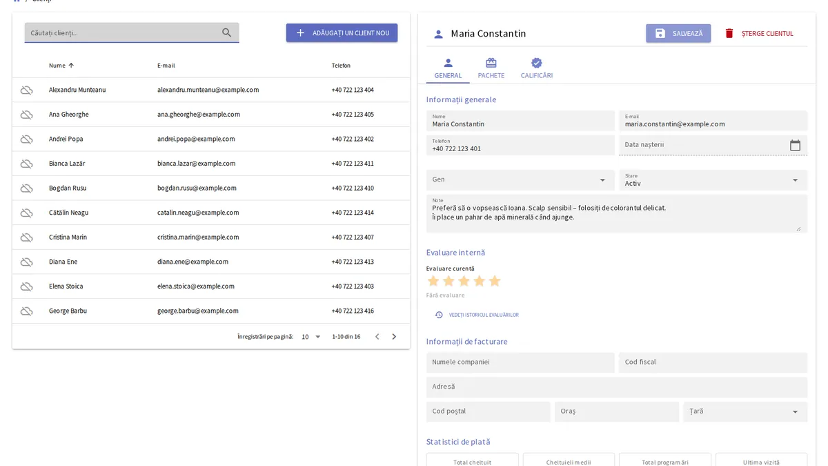 Profilul clientului yAppointment care afișează istoricul complet al programărilor și notele