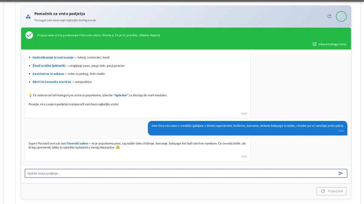 yAppointment Smart Setup Guide pogovorni vmesnik za gradnjo poslovne konfiguracije