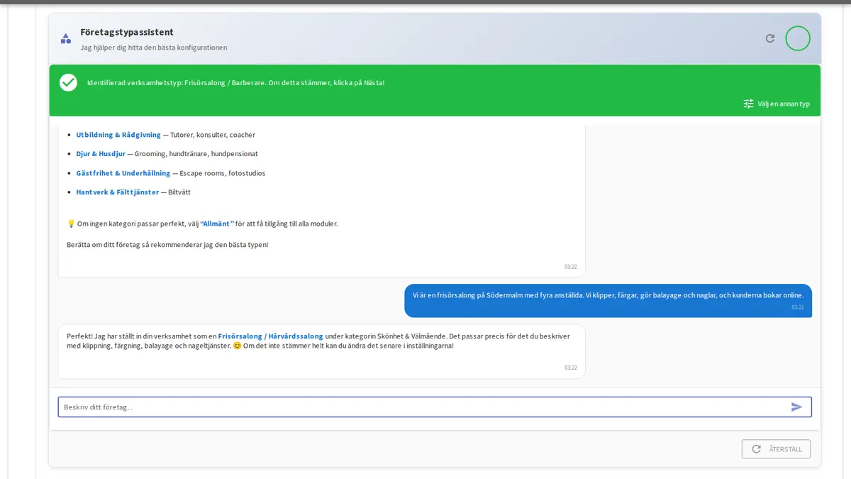 yAppointment Smart Setup Guide samtalgränssnitt för affärskonfiguration